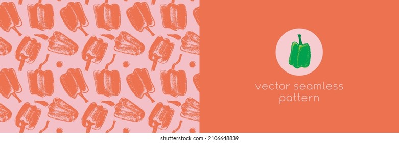 Rotes Pfeffermuster nahtlos in Vektorgrafik. Handgezeichnete Illustrationen von grünen bulgarischen Paprika. Pfefferzeichnungen. Organisches Gemüse, Hintergrund. Veganisches Tapete. Kochen im Hintergrund. Vegetarisches Banner.