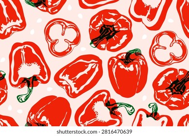 Red bell pepper pattern. Seamless print of spicy capsaicin peppers vintage risograph effect, whole ripe bellpeppers, abstract organic vegetable farm food. Vector texture.