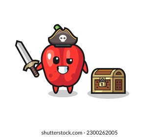 the red bell pepper pirate character holding sword beside a treasure box , cute style design for t shirt, sticker, logo element
