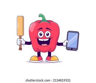 pimiento rojo jugando al críquet caricatura de mascota diseño de ilustración vectorial