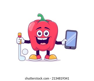 red bell pepper playing golf cartoon mascot character vector illustration design