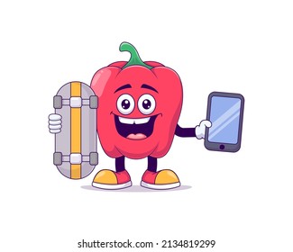 red bell pepper playing skateboard cartoon mascot character vector illustration design