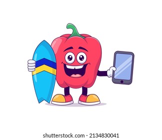 red bell pepper playing surfing cartoon mascot character vector illustration design