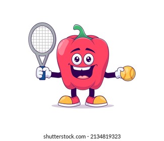 red bell pepper playing tennis cartoon mascot character vector illustration design