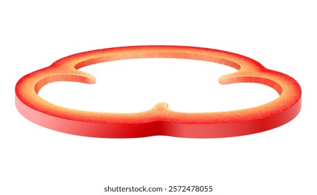 Red bell pepper ring isolated on white background. Piece or slice of fresh ripe sweet bell pepper vegetable, side view, realistic 3D vector illustration, natural food