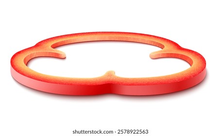 Red bell pepper ring isolated on white background. Piece or slice of fresh ripe sweet bell pepper vegetable, side view, realistic 3D vector illustration, natural food