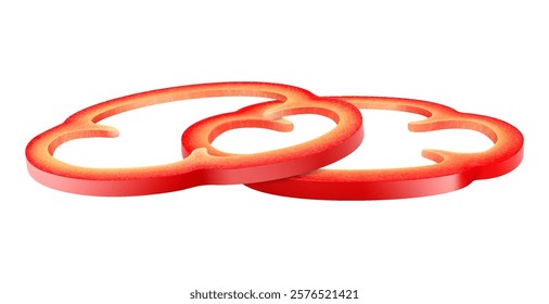 Red bell pepper rings isolated on white background. Piece or slice of fresh ripe sweet bell pepper vegetable, side view, realistic 3D vector illustration, natural food