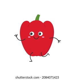 Red bell pepper running cute character cartoon smiling face happy joy emotions icon logo paprika vegetable vector illustration.