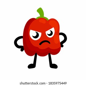 Red bell pepper. Sad character. Bulgarian seasoning and mascot with hands and face. Flat cartoon illustration. Ingredient and element of the kitchen