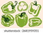 Red bell pepper set. Whole and sliced peppers, abstract fresh vegetables, food collection with green stems risograph effect, organic vegetarian products. Vector isolated collection.