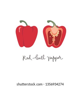     Red bell pepper, set of whole and half sweet paprika on a white background vector design illustration isolated on white