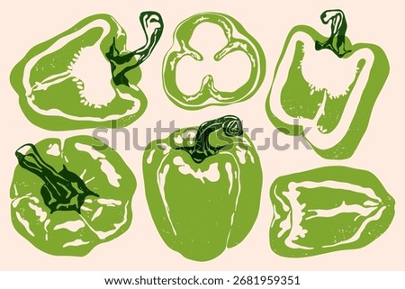 Red bell pepper set. Whole and sliced peppers, abstract fresh vegetables, food collection with green stems risograph effect, organic vegetarian products. Vector isolated collection.