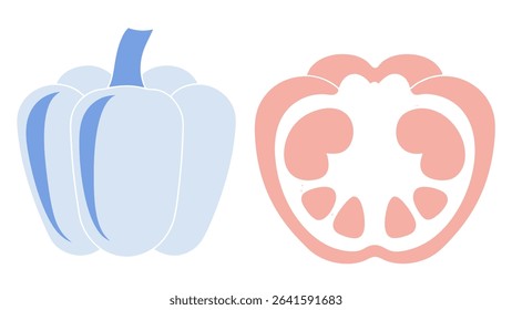 a red bell pepper, showing both whole and cross-sectional views. Clean, flat design suitable for healthy food concepts, cooking ingredients, vegetarian recipes, or infographic use.