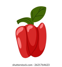 Red bell pepper vector illustration. Fresh ripe pepper with green leaves isolated on white background. Agricultural vegetable for farm market.