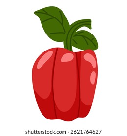 Red bell pepper vector illustration. Fresh ripe pepper with green leaves isolated on white background. Agricultural vegetable for farm market.