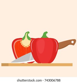 Red bell pepper vector on chopped board. free space for text. Cut half.