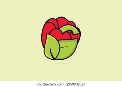 Red Bell Pepper vegetable with Green Leaves vector illustration. Food nature icon concept. Garden fresh food vegetable bell pepper and medical green leaves vector design with shadow.