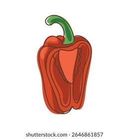 Red bell pepper with visible seeds and stem in flat cartoon style isolated on white background