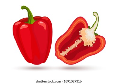 Red bell pepper,  whole fruit and half. Vegetables. Vector illustration cartoon flat icon isolated on white.