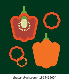 Red bell pepper, whole, half and slices. Fresh vegetable, isolated, label packaging design element, healthy vegetarian food, flat style, icon, graphic symbol. Vector illustration