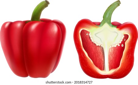 Red bell pepper whole and half, isolated on white background, sweet paprika, vegetable, healthy food, spice. Realistic 3D vector illustration.