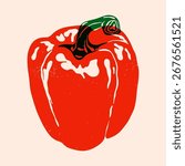 Red bell pepper. Whole sweet paprika vegetable and green stem, abstract fresh organic food risograph style, ripe vegetarian farm product art print menu design. Vector illustration.