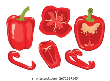 Pimenta vermelha: inteira, corte vista superior, metades e fatias. Adequado para receitas, menus, embalagens de alimentos e materiais educativos sobre legumes.