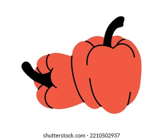 Red bell peppers. Vegetarian healthy food. Farm products. Whole and half peppers. Vector illustration