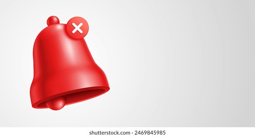 Red bell with an X icon notification sign, indicating a rejection or alert status on a plain white background, vector banner with copy space.