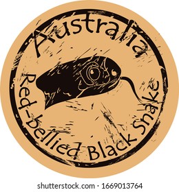 Red Bellied Black Snake head silhouette icon round shabby emblem design old retro style. Red-belly logo mail stamp on craft paper vintage grunge sign. Venomous snake.