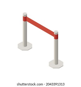 Red belt barrier with metal stanchions isometric icon on white background vector illustration