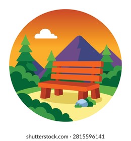 Red bench in a park with pine trees, mountains, and sunset sky.