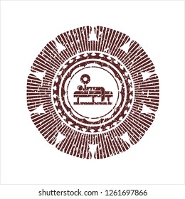 Red bench press icon inside rubber seal with grunge texture
