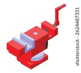 Red bench vise gripping metal detail securely, ideal for metalworking, woodworking, and other workshop tasks