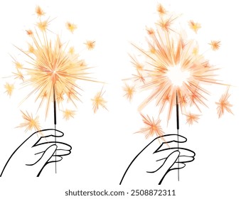 Red Bengal fire set drawing vector clip art festive greeting cards, invitations, banners. Small firework on stick Happy New Year party invitation sparkler firework illustration. Magic wand accessory