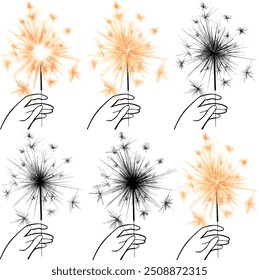 Red Bengal fire set drawing vector clip art festive greeting cards, invitations, banners. Small firework on stick Happy New Year party invitation sparkler firework illustration. Magic wand accessory