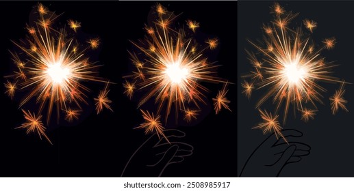 Red Bengal fire set drawing vector clip art festive greeting cards, invitations, banners. Small firework on stick Happy New Year party invitation sparkler firework illustration. Magic wand accessory