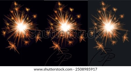 Red Bengal fire set drawing vector clip art festive greeting cards, invitations, banners. Small firework on stick Happy New Year party invitation sparkler firework illustration. Magic wand accessory