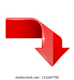 Red bent arrow. Down 3d symbol. Vector illustration isolated on white background