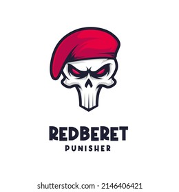 Red Beret Logo. Skull Illustration With Beret