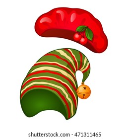 A red beret and a striped cap isolated on white background. Vector cartoon close-up illustration.
