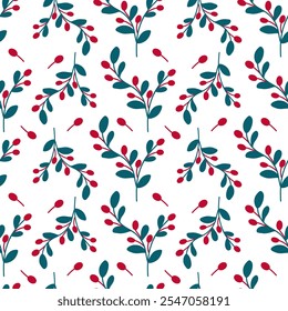 Red berreis and green leaves seamless pattern