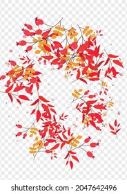 Red Berries Background Transparent Vector. Foliage Gradation Texture. Green Leaves October. Cartoon Template. Herb Abstract.