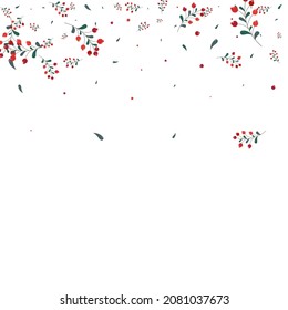 Red Berries Background White Vector. Leaves Object Set. Burgundy Foliage Image. Nature Texture. Leaf Drawn.