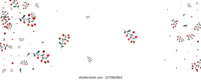 Red Berries Background White Vector. Herb Tree Texture. Green Foliage Organic. Nature Illustration. Rowan Cartoon.