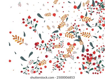 Red Berries Background White Vector. Leaves Banner Texture. Pink Foliage Paper. Abstract Template. Rowan Art.
