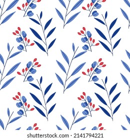 red berries with blue leaves on white background seamless pattern