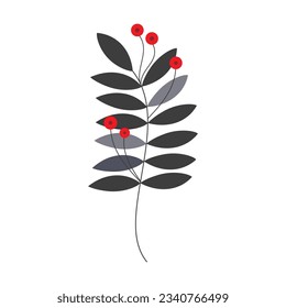 Rote Beeren zweigen Symbol Vektor. Handgezeichnete schwarze Blätter Silhouette einzeln. Blumenzeichnung, Grafikdesign, Druck, Branding, Karte, Poster, Logo, Zeichen, Symbol. Minimale botanische Illustration.
