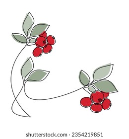 Red berries brunch vector one line continuous drawing illustration. Hand drawn linear silhouette icon. Minimal design element for print, banner, card, wall art poster, brochure, postcard, logo, doodle