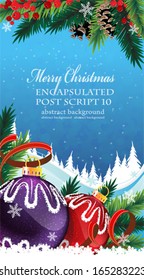 Red berries, Christmas ornaments with ribbon and fir tree branches on blue background